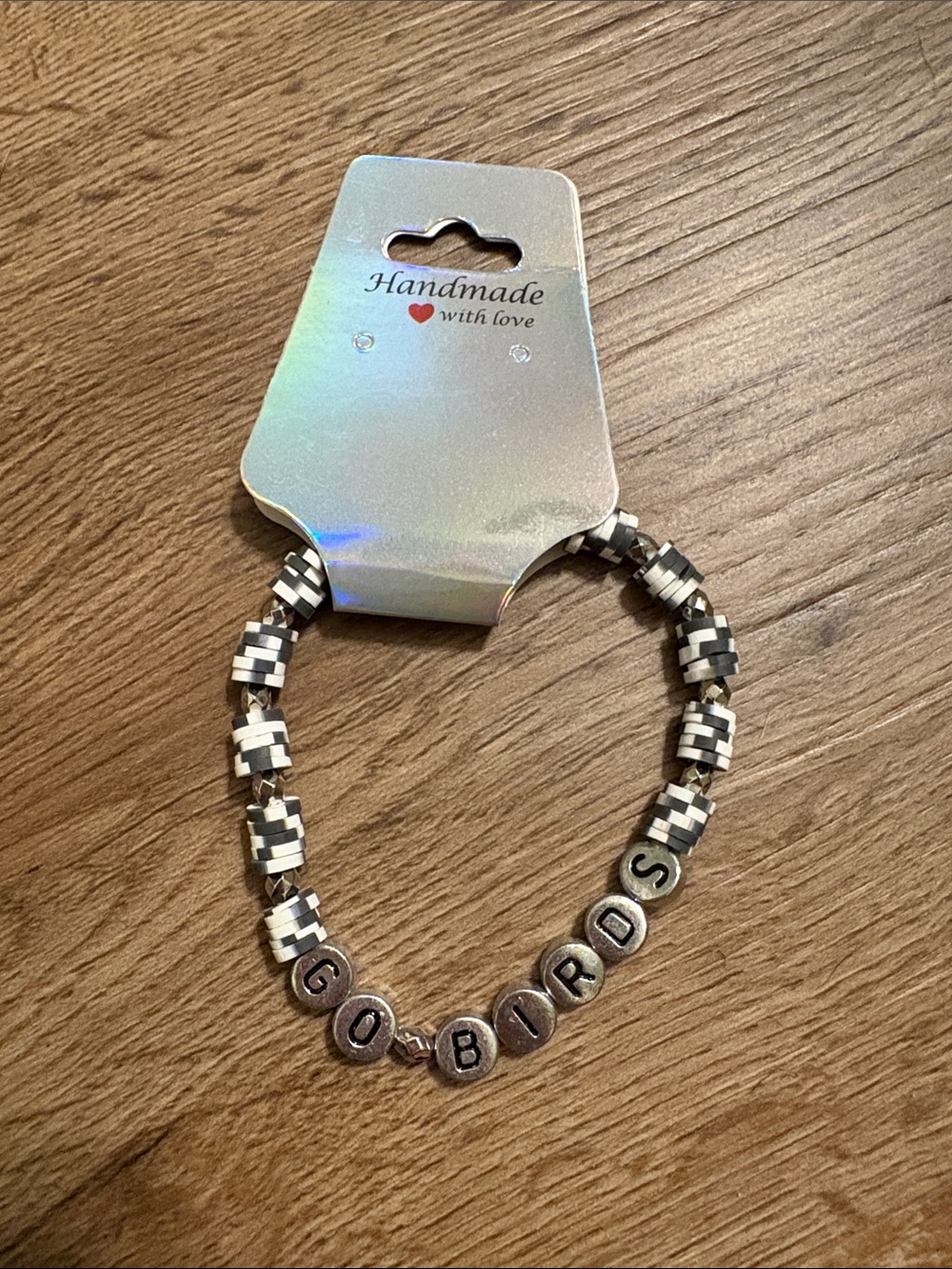 Handmade 'GO BIRDS' Beaded Bracelet in Black & Silver